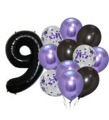 Balónkový set 9.narozeniny, fialovo-černý, 12 ks